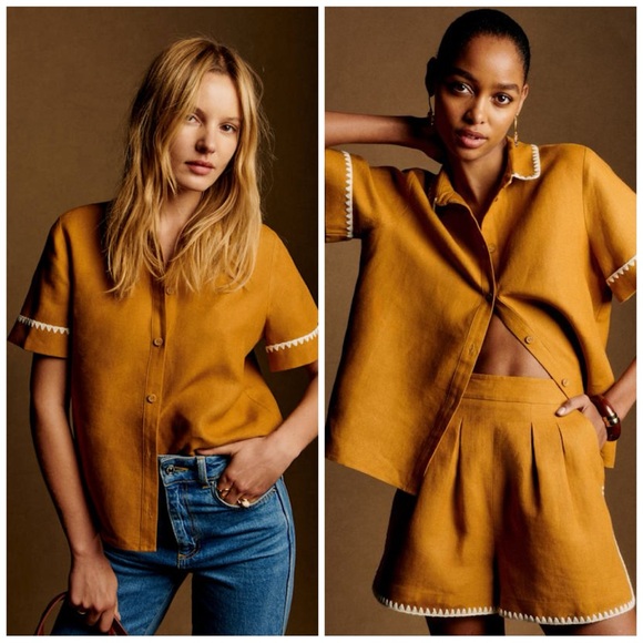 Sezane Livia Shirt Cinnamon Short Sleeve Button Up Blouse size 4